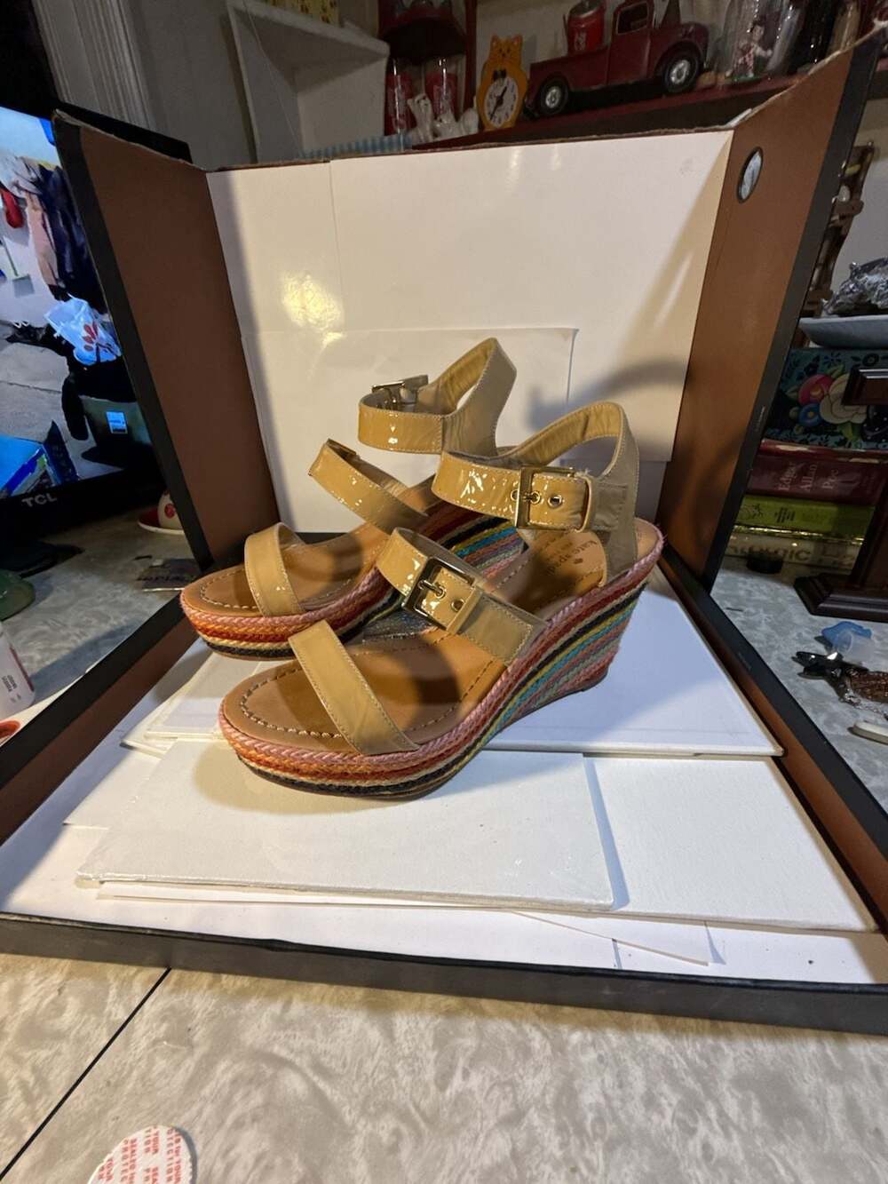 Kate Spade New York Patent Leather Multi-Color Striped Espadrille Wedge Sandals